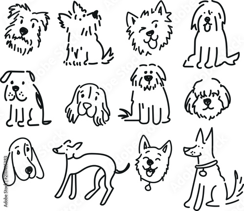 Hand Drawn Cute Dog Breeds Doodle Collection Isolated Black Outline Vector Style
