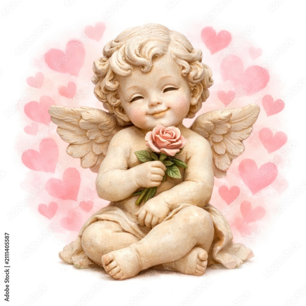 Obraz premium Cherubic angel statue holding a rose, surrounded by pink hearts.