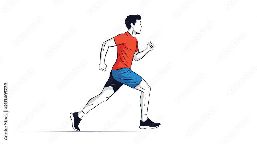 Fototapeta premium Running young male athlete jogging on a clean white background, depicted in a stylish vector line illustration.