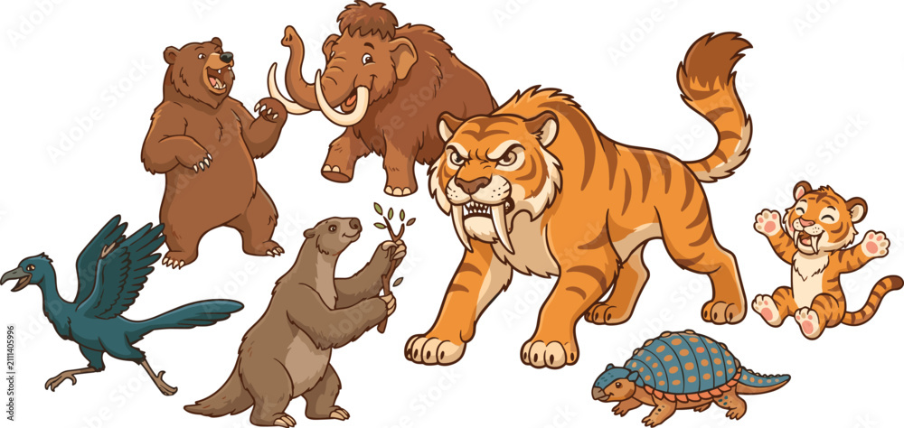 Obraz premium Prehistoric ice age animals collection including saber toothed tiger mammoth glyptodont sloth and cave bear vector set