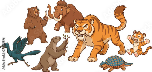 Fotografie Prehistoric ice age animals collection including saber toothed tiger mammoth gly