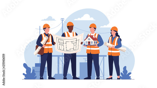 Group of professional diverse engineers and architects holding blueprints and a miniature house model at a construction site.