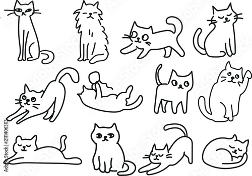 Cute Hand Drawn Cat Doodle Collection Simple Black Outline Pet Vector