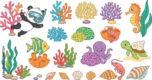 Photography Cute cartoon sea animals and colorful coral reef collection underwater marine li