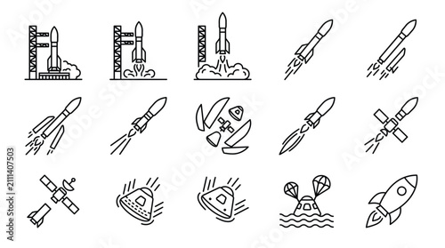 Rocket launch icons set illustrating space exploration and satellite deployment. Line art symbols for aerospace technology and satellite communicat...
