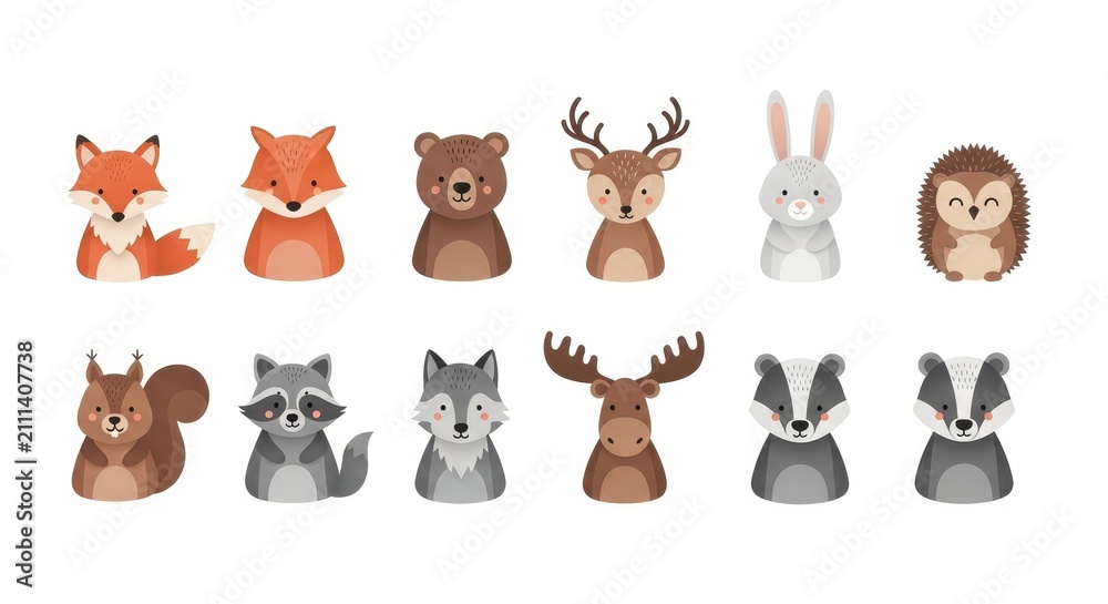 Fototapeta premium Cute Forest Animal Characters Set - Vector Illustration of Fox, Bear, Deer, Rabbit, Hedgehog, Squirrel, Raccoon, and Wolf