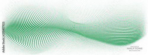 Minimal abstract dot grid forming smooth green waves, halftone texture, flowing vector pattern on a clean white background.