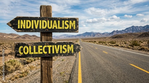 Wooden signpost with individualism and collectivism directions on a desert road