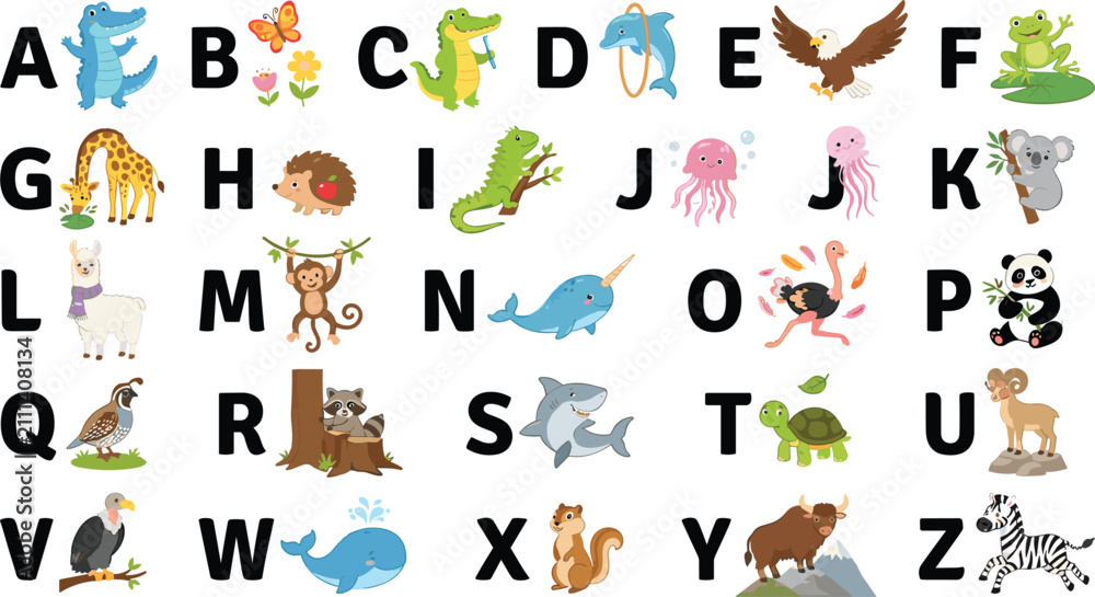 Obraz premium Cute animal alphabet vector set for kids education featuring cartoon characters from A to Z on white