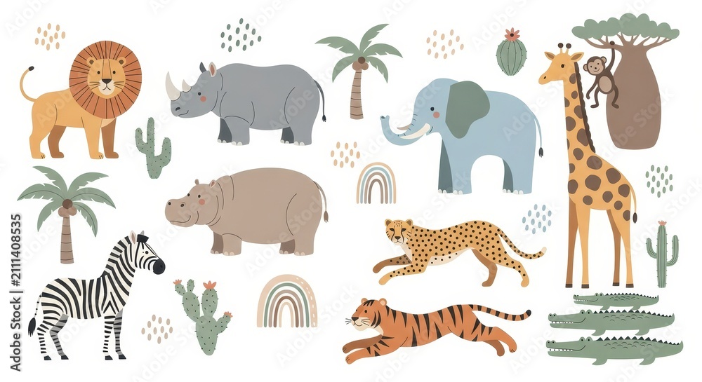 Obraz premium Cute Safari Animals Collection for Nursery - Hand Drawn Wild Animal Illustrations with Lion, Elephant, Giraffe, and Zebra