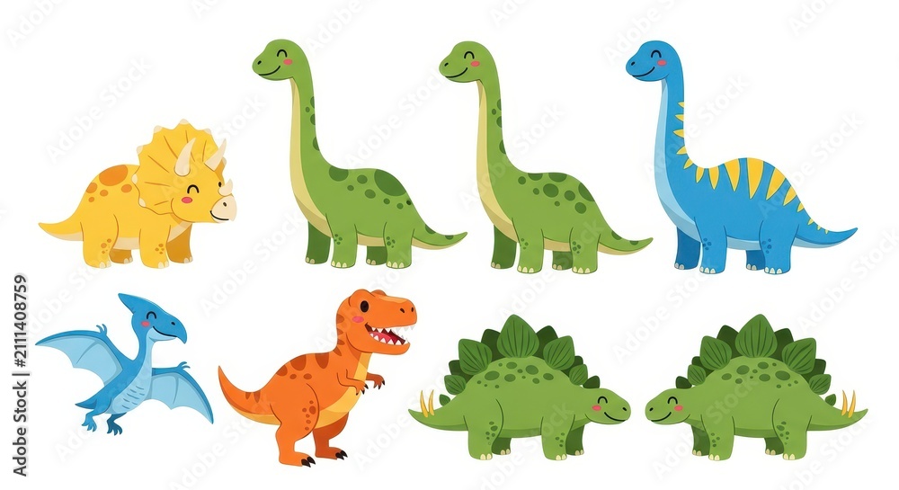 Fototapeta premium Cute Cartoon Dinosaur Collection Set with T-Rex, Triceratops, Stegosaurus, Brachiosaurus and Pterodactyl Vector Illustration