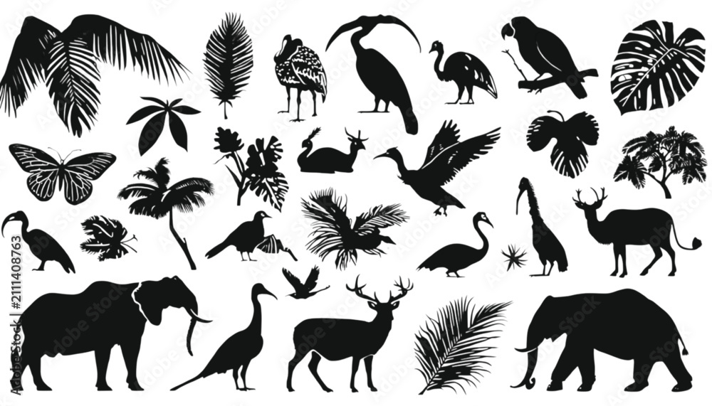 Obraz premium Tropical jungle animals silhouettes feature exotic birds and wild beasts in a decorative flat set.