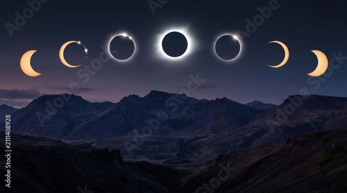 Phases of solar eclipse over mountain range.
