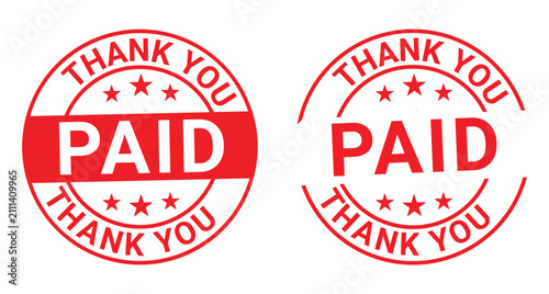 Fotografía Red circular paid stamps with thank you text and stars on a white background ack