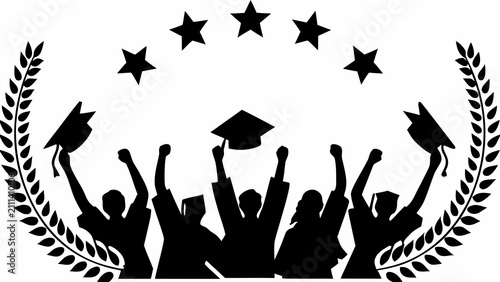 Obraz na plátně Graduation crowd silhouette with laurel wreaths and mortarboards a bold black an
