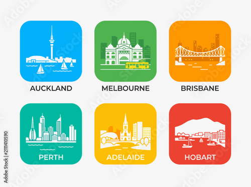 Flat Design Australian City Skyline Icon Set Featuring Auckland, Melbourne, Brisbane, Perth, Adelaide and Hobart Landmark Silhouettes Vector Illustration