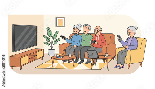 Cheerful senior citizens enjoy playing video games and using digital technology together in a cozy retirement home.