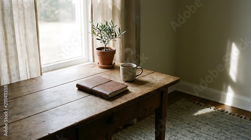 Minimalist wooden desk with journal and mug by window.