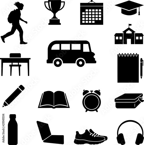 School icons set including student trophy calendar graduation cap building bus desk pencil book clock