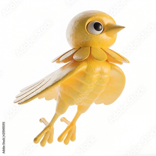 Cute yellow baby bird perched with wings spread. Adorable fledgling chick isolated on white background for design projects.