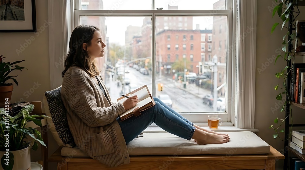 Fototapeta premium Woman reading book on a window sill seat