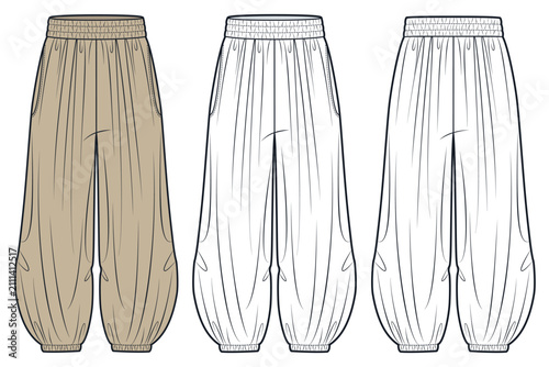 Harem Pants Fashion Flat Technical Drawing Template, stone and outline, front and back view, elastic waist and cuffs, Pants CAD Mockup