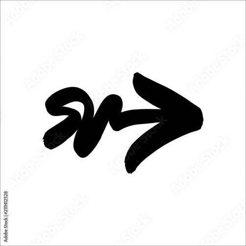 Dynamic black brush stroke arrow pointing right, a hand-drawn graphic element for navigation, progress, or directional indication in modern design projects