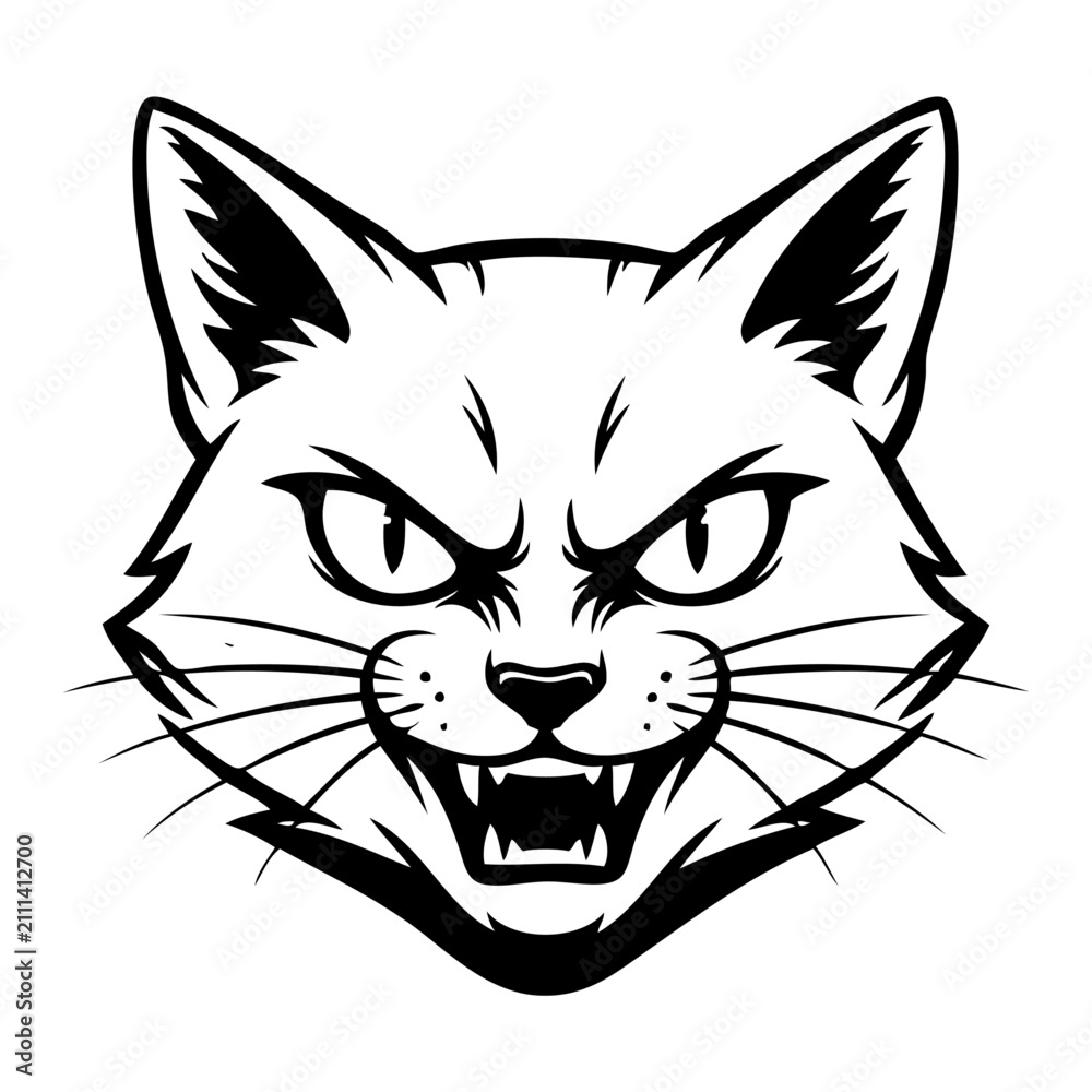 Fototapeta premium Aggressive angry cat snarling with bared teeth. Fierce cartoon feline growling in stylized vector illustration for branding and design projects.