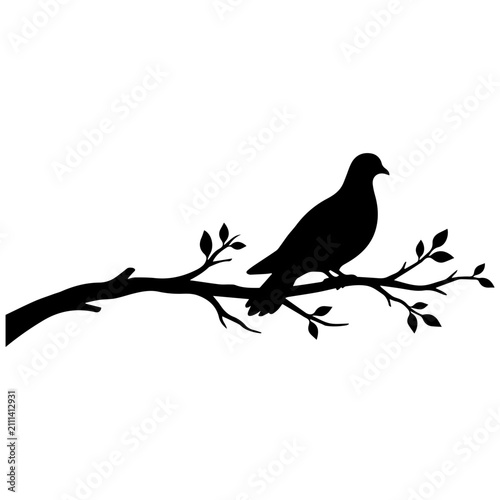 Dove silhouette sitting on a branch. Black bird icon isolated on a white background.