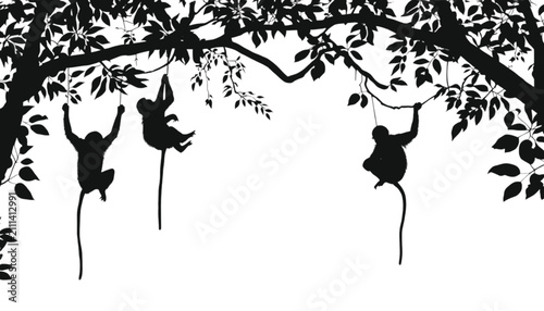 Monkeys hang from tree branches in a dense tropical forest canopy depicted as a black silhouette art.