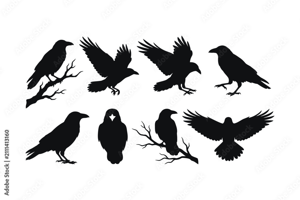 Fototapeta premium Collection of black crow silhouettes as spooky halloween elements design