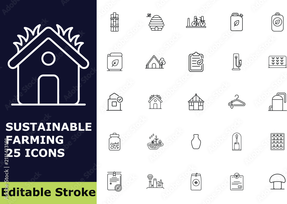 Fototapeta premium Sustainable agriculture and eco-living icon set, 25 vector outline pictograms of organic farming, greenhouse, green energy, and natural product symbols for environmental design 