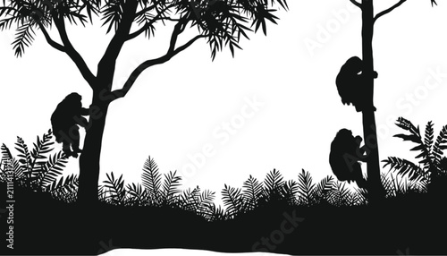 Primates scale the trunks of tall trees within a dense forest setting shown as a black silhouette art.
