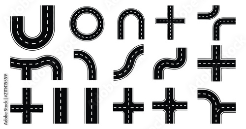 Road segment icons illustrating highway intersections, roundabouts, curved paths, and urban mapping symbols in black and white minimalist vector styles for route planning, transport networks, navigati