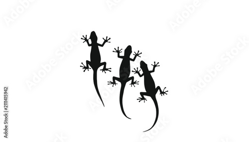 Lizards climb a vertical surface in this stylized black silhouette design showing reptile movement.