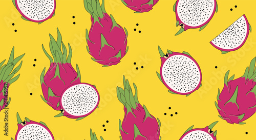 Vibrant seamless pattern of whole and sliced dragon fruits with black seeds on a bright yellow background for tropical decor.