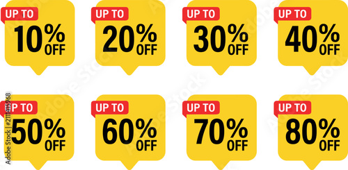 Sale discount tag set featuring up to 10 20 30 40 50 60 70 80 percent off yellow price tags vector illustration isolated on white background