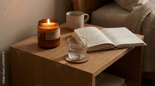Nightstand with candle journal and glass of water.