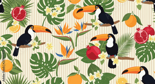 Vibrant tropical seamless pattern with colorful toucan birds, oranges, pomegranates, monstera leaves, and exotic flowers.