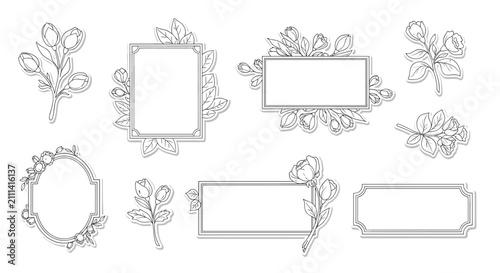 Large set of elegant black and white hand-drawn floral frames, wreaths, and botanical sprigs with flower buds.