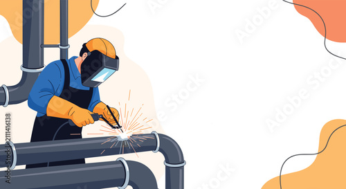 Industrial welder in protective gear working on a complex network of large pipes with bright sparks flying out.