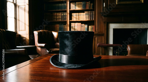 Black velvet top hat resting on a polished wooden table in a library setting