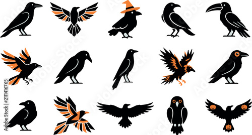 Bild auf Leinwand Set of black raven and crow silhouettes for halloween design elements featuring