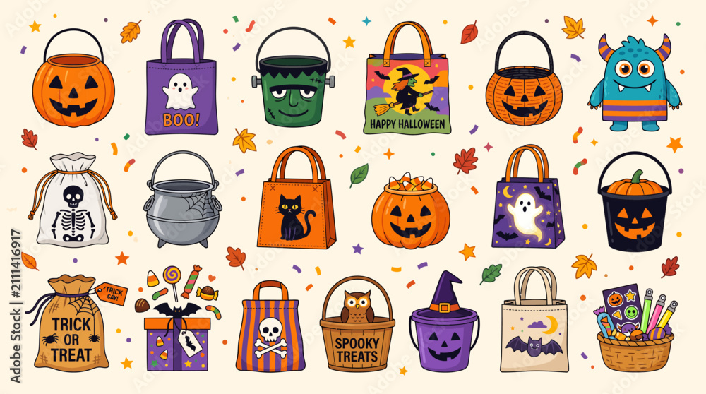 Fototapeta premium Halloween Trick or Treat Bags and Candy Buckets Collection with Cute Pumpkin, Ghost, Witch, Monster and Spooky Cartoon Elements Vector Set