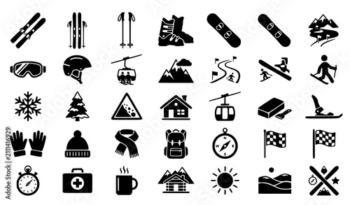Bild auf Leinwand Winter Ski Silhouette Icons Vector Collection