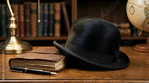Vintage bowler hat resting on an old leather journal with a pen on a wooden desk, set against a library bookshelf background.