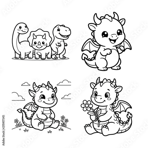 Cute dinosaurs coloer page bundle set collection featuring adorable baby dragons and prehistoric creatures for children creative art activities