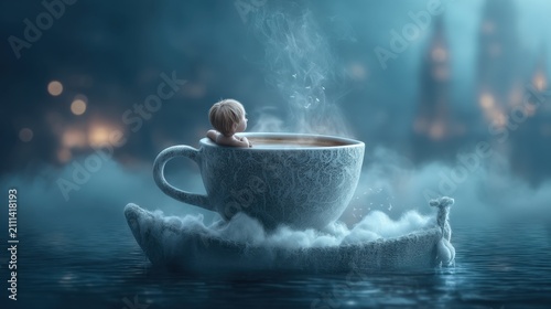 Whimsical Scene Of A Young Child Lounging In A Large Cup Drifting On A Foggy Lake During Twilight