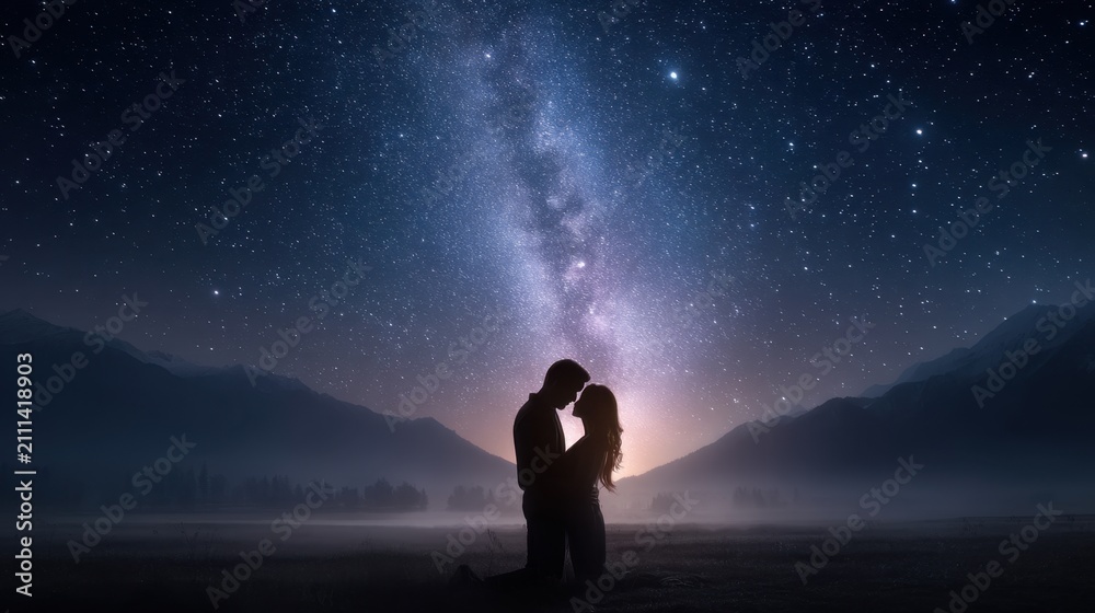 Obraz premium Romantic Silhouette Of A Couple Under A Starry Night Sky With The Milky Way And Mountains In The Background