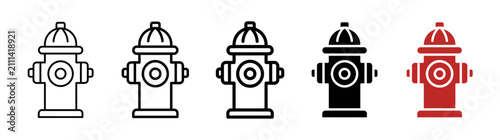 Obraz na plátne Fire Hydrant Icons Set: Outline, Solid Black, and Red Styles